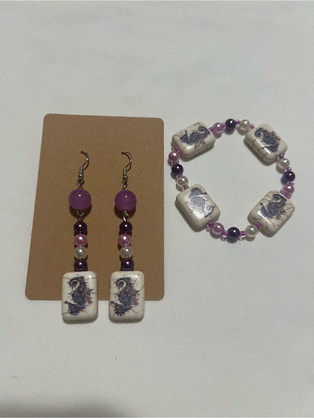 Handmade Purple Bead and Ceramic sea horse Jewelry Set - Earrings & Bracelet